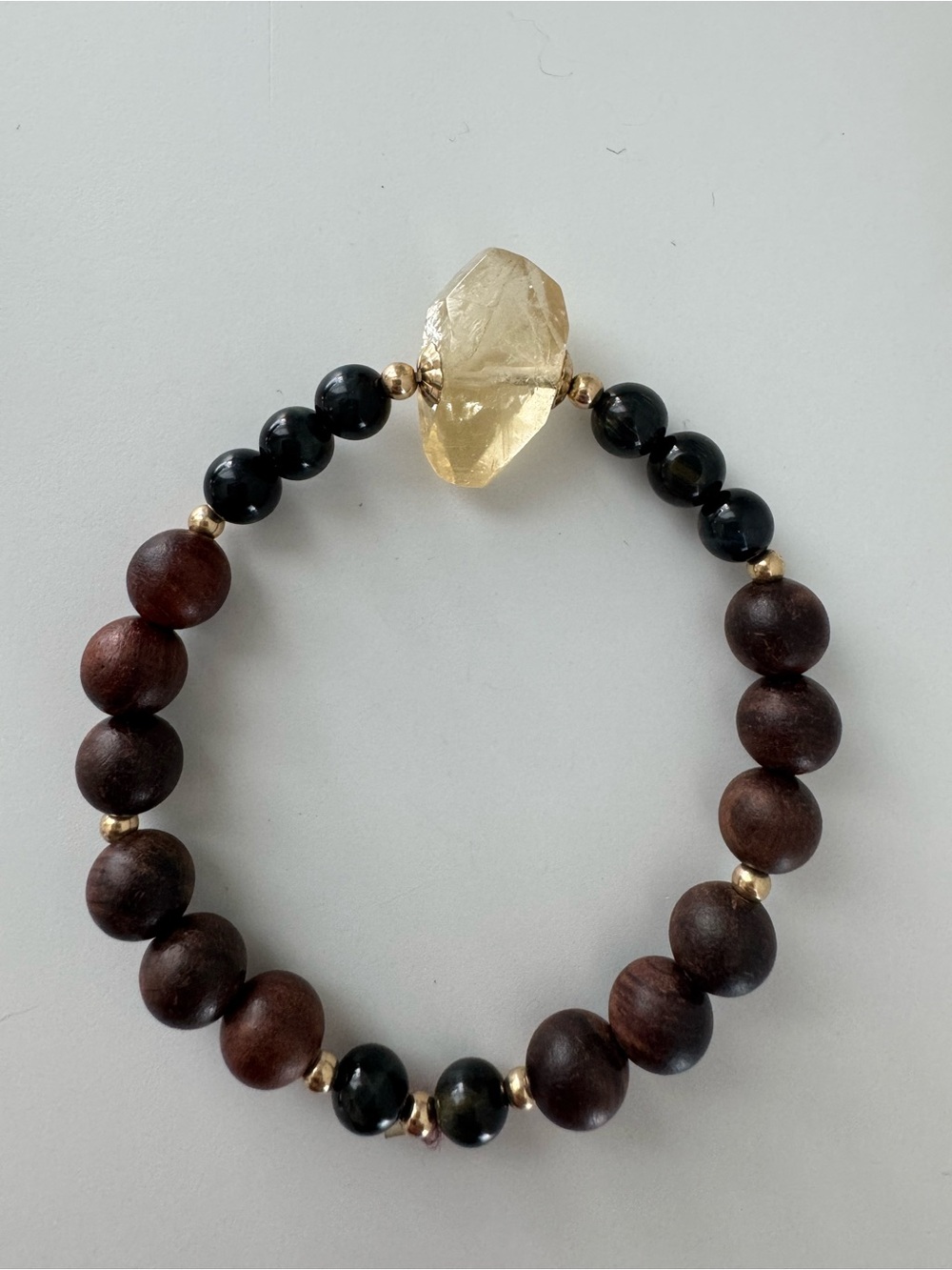 Handmade Citrine & Wood Bead Stretch Bracelet - Brown and Black